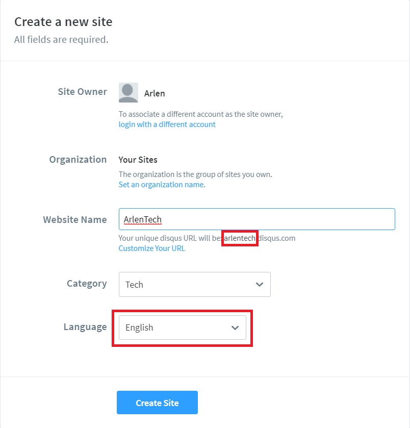 Disqus Create a site 3